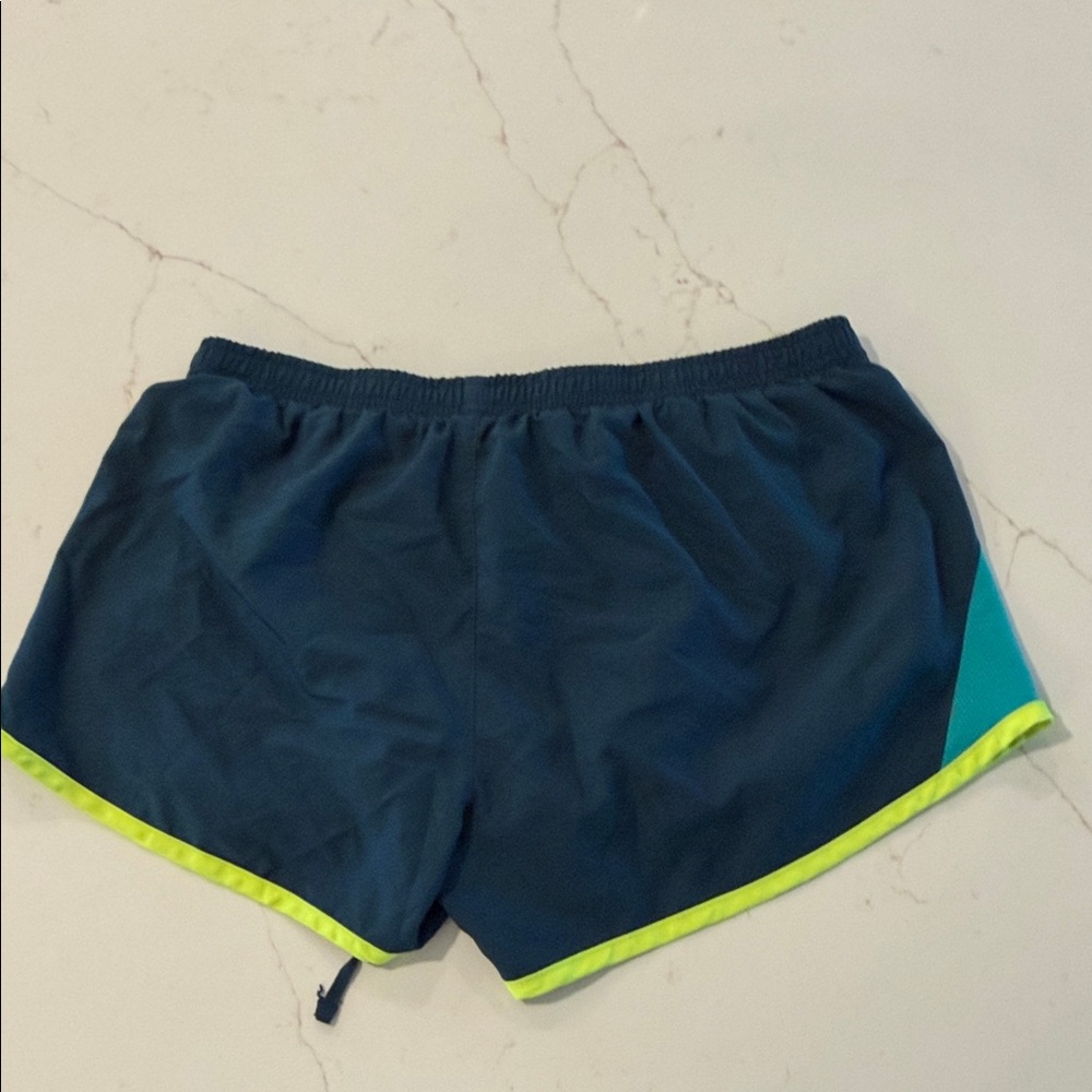 Nike Women's Dark Navy Athletic Shorts with Teal Panels and Neon Yellow Trim - Picture 5 of 5
